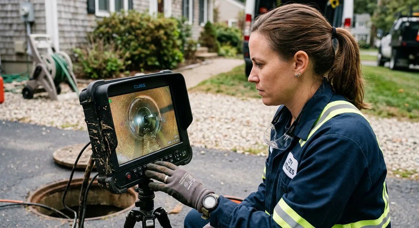 Technician reviewing sewer camera inspection footage in Henniker