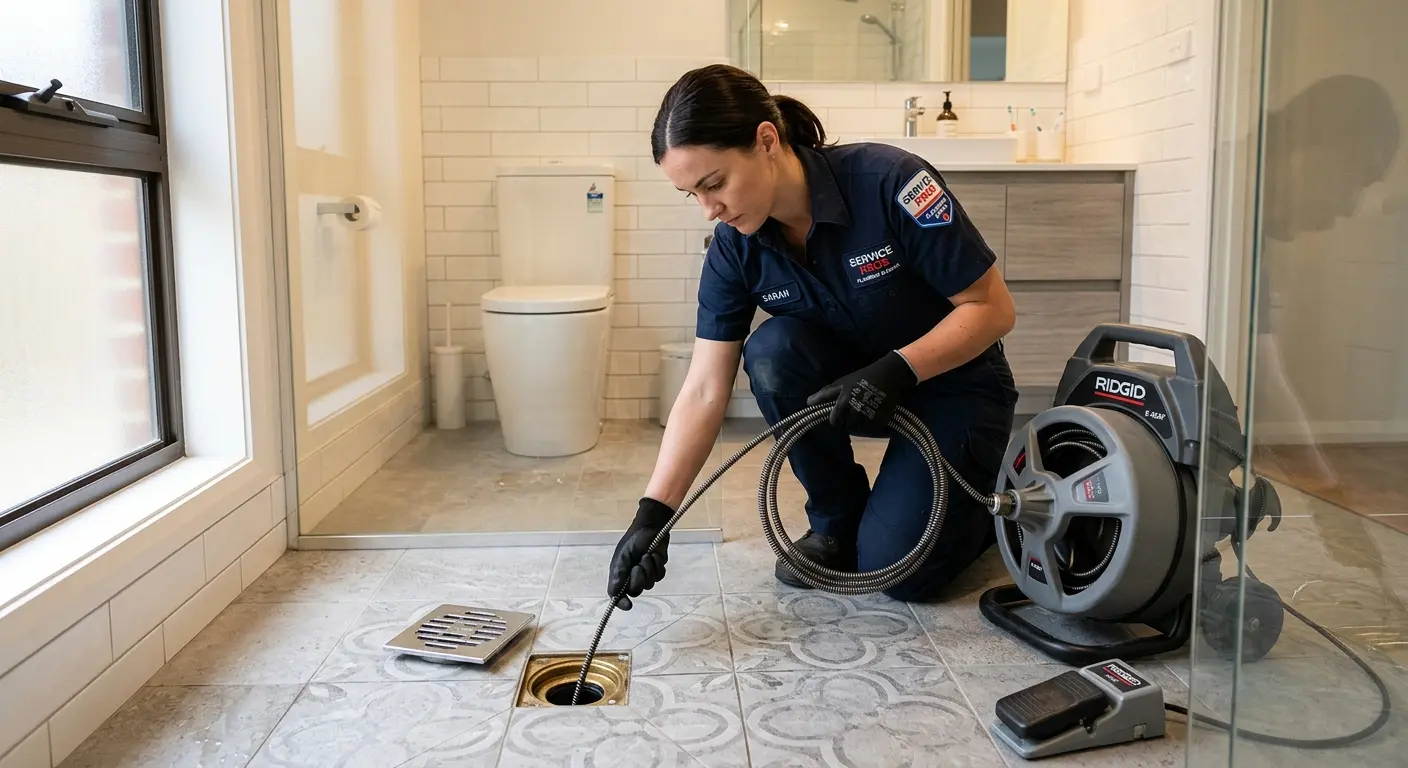 Technician clearing a bathroom floor drain for Sewer Line Installation in Henniker